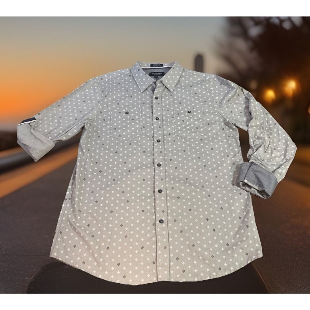Geometric Print Gray Long Sleeve Button Up‎ Collared Shirt Dad Office Business